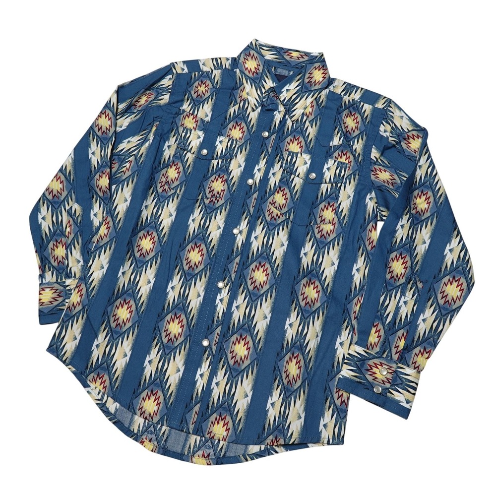 Wrangler Shirt Youth M Blue Aztec Geometric Long Sleeve Snap Western Casual